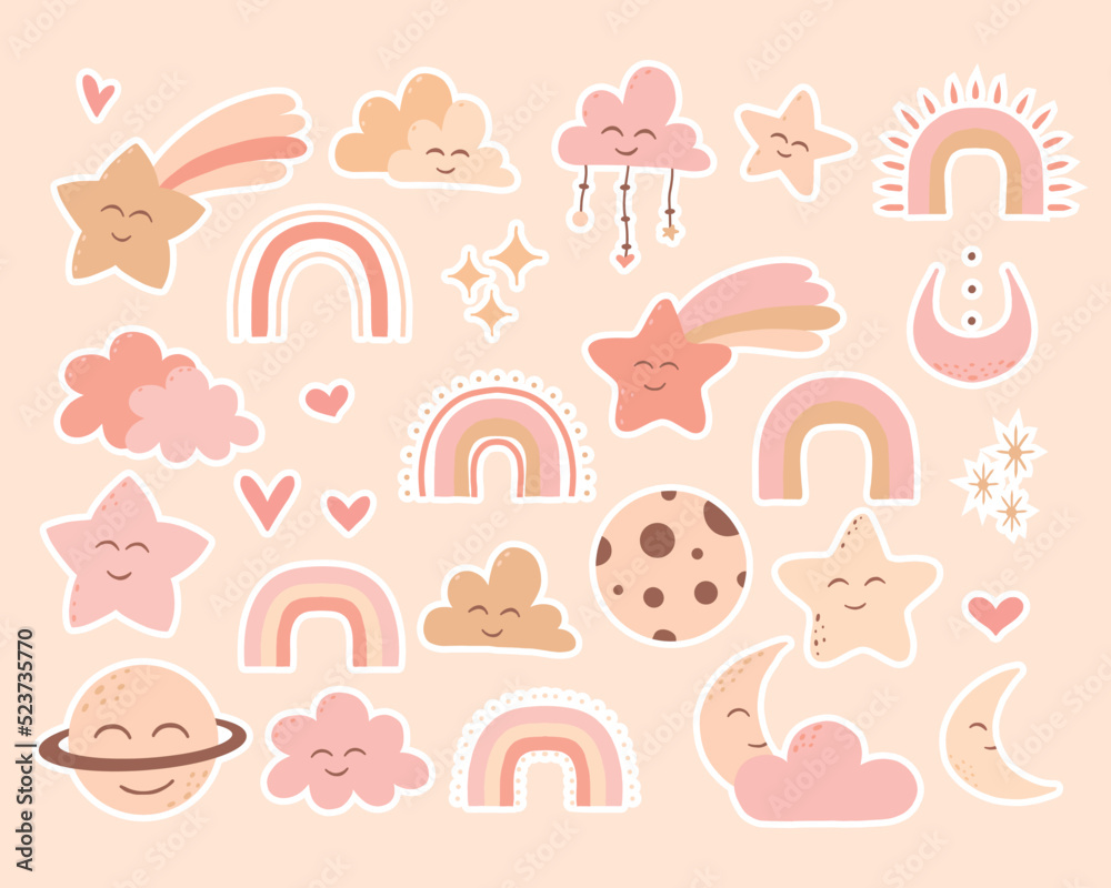 Set of boho stickers. Cute stickers with moon, stars and clouds. Stickers in boho style. Vector illustration. Set of boho stickers. Cute stickers with moon, stars and clouds. Stickers in boho style. Vector illustration.