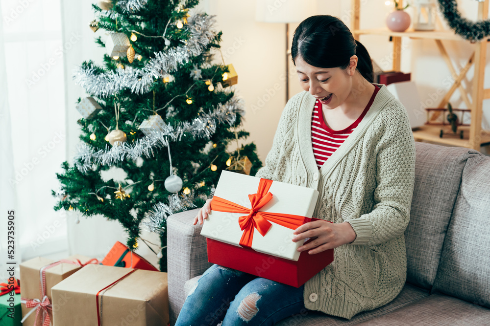 portrait asian lady getting a nice surprise on Christmas morning. woman looking into gift box is screaming happily, feeling overjoyed. real moments portrait asian lady getting a nice surprise on Christmas morning. woman looking into gift box is screaming happily, feeling overjoyed. real moments