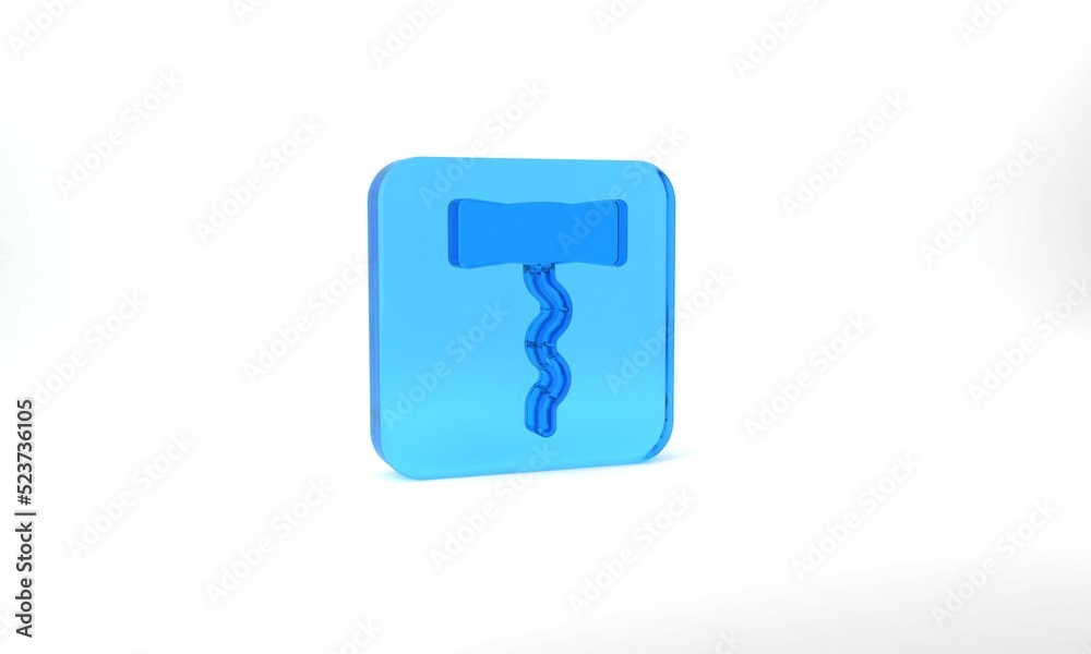 Blue Wine corkscrew icon isolated on grey background. Glass square button. 3d illustration 3D render Blue Wine corkscrew icon isolated on grey background. Glass square button. 3d illustration 3D render