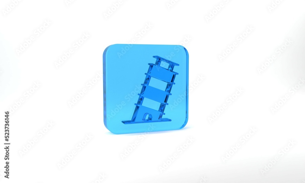 Blue Leaning tower in Pisa icon isolated on grey background. Italy symbol. Glass square button. 3d illustration 3D render Blue Leaning tower in Pisa icon isolated on grey background. Italy symbol. Glass square button. 3d illustration 3D render