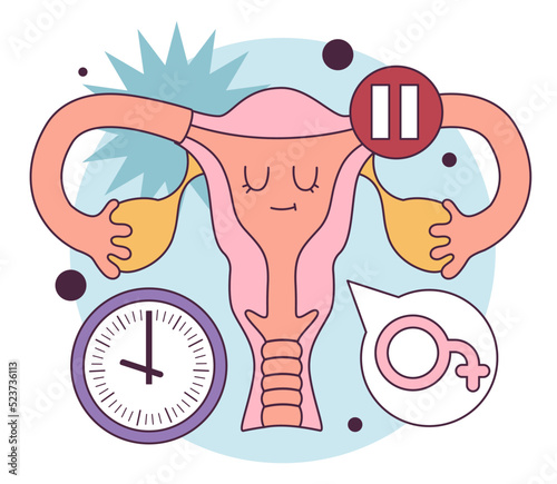Menopause concept. Female reproductive organ with a pause sign.