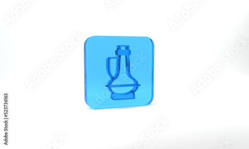 Blue Bottle of olive oil icon isolated on grey background. Jug with olive oil icon. Glass square button. 3d illustration 3D render
