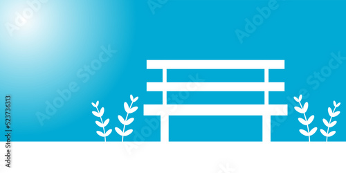 White wooden bench for sitting rest with grass in park and sun light on blue clear sky background flat vector icon design.