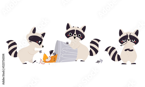 Funny raccoon in different activities set. Cute wild animal character looking for food into trash can cartoon vector illustration