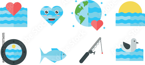 A collection of national nautical illustrations designed by characters
fishing rod, fish and seascape on white background.