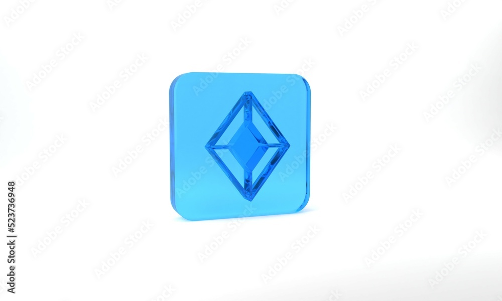 Blue Gem stone icon isolated on grey background. Jewelry symbol. Diamond. Glass square button. 3d illustration 3D render