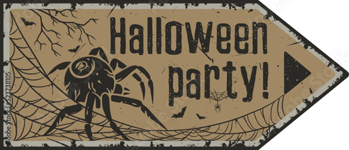 Halloween poster with insect for spiderweb party. Spooky poisonous web tarantula or dark halloween pointer