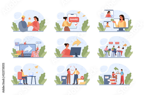 Sharing concept set. Character using devices to share posts in social