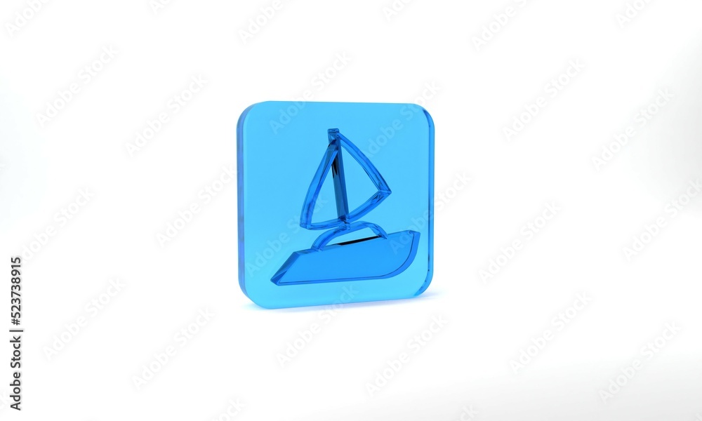 Blue Yacht sailboat or sailing ship icon isolated on grey background. Sail boat marine cruise travel. Glass square button. 3d illustration 3D render Blue Yacht sailboat or sailing ship icon isolated on grey background. Sail boat marine cruise travel. Glass square button. 3d illustration 3D render