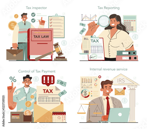 Tax inspector concept set. Idea of accounting and payment consultation