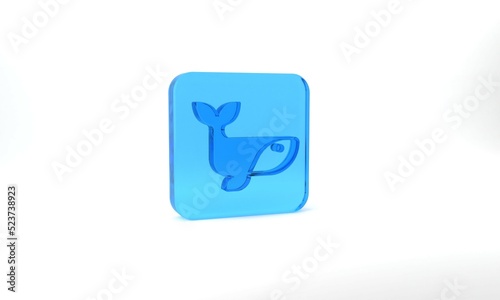Blue Whale icon isolated on grey background. Glass square button. 3d illustration 3D render