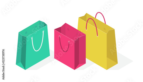 Vector isometric illustration, set of 3d icons of bags, colored packages with handles. Shopping packaging, objects for retail, shop, market, business