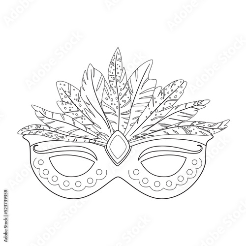 Carnival mask with feathers outline vector illustration. Festival decoration and costume element. Masquerade symbol. Coloring page template.