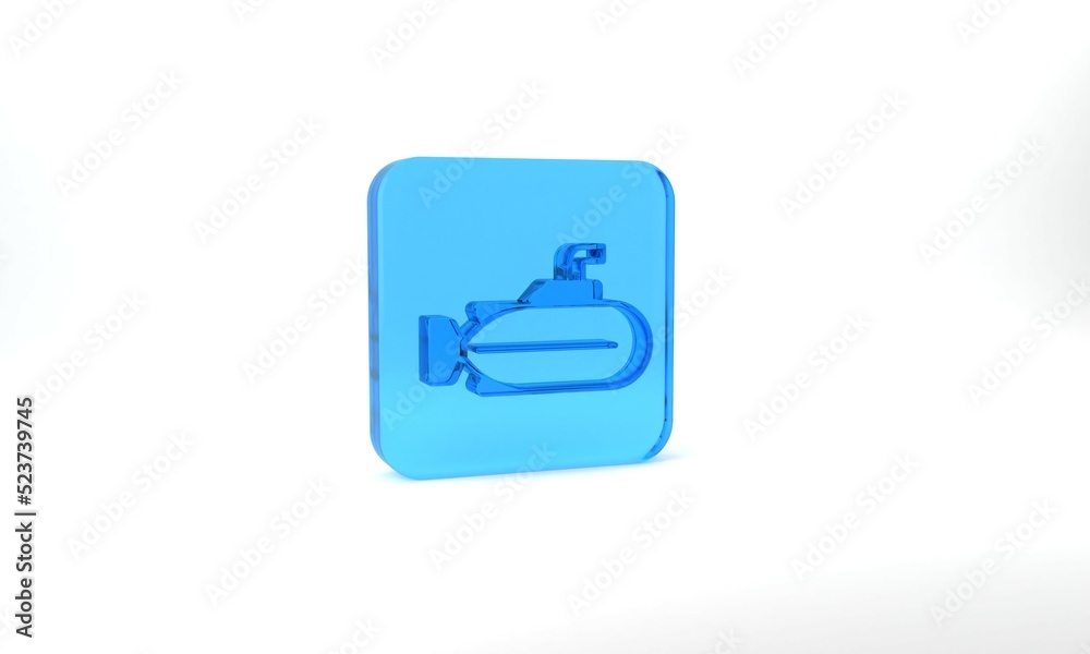 Blue Submarine icon isolated on grey background. Military ship. Glass square button. 3d illustration 3D render Blue Submarine icon isolated on grey background. Military ship. Glass square button. 3d illustration 3D render