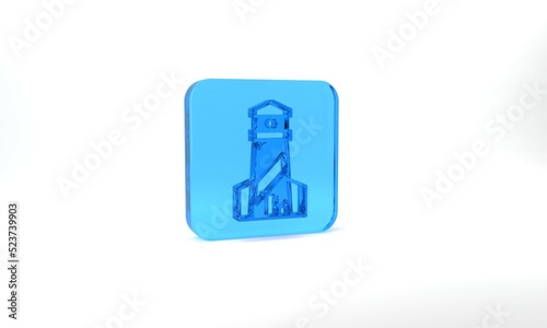 Blue Lighthouse icon isolated on grey background. Glass square button. 3d illustration 3D render