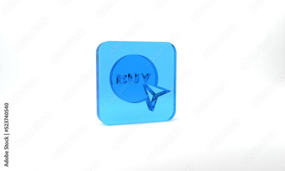 Blue Buy button icon isolated on grey background. Glass square button. 3d illustration 3D render