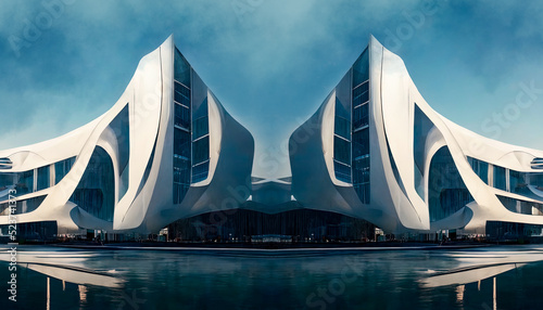 Abstract futuristic architecture curved style common use. Modern buildings, city of the future. Futuristic city mall for sci-fi graphic backgrounds. 3D illustration.