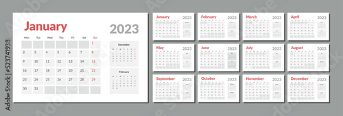 2023 Calendar Planner Template. Vector layout of a wall or desk simple calendar with week start monday. Calendar grid in grey color for print photo