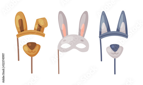 Carnival photo booth party objects set. Rabbit, dog and wolf carnival masks cartoon vector illustration photo