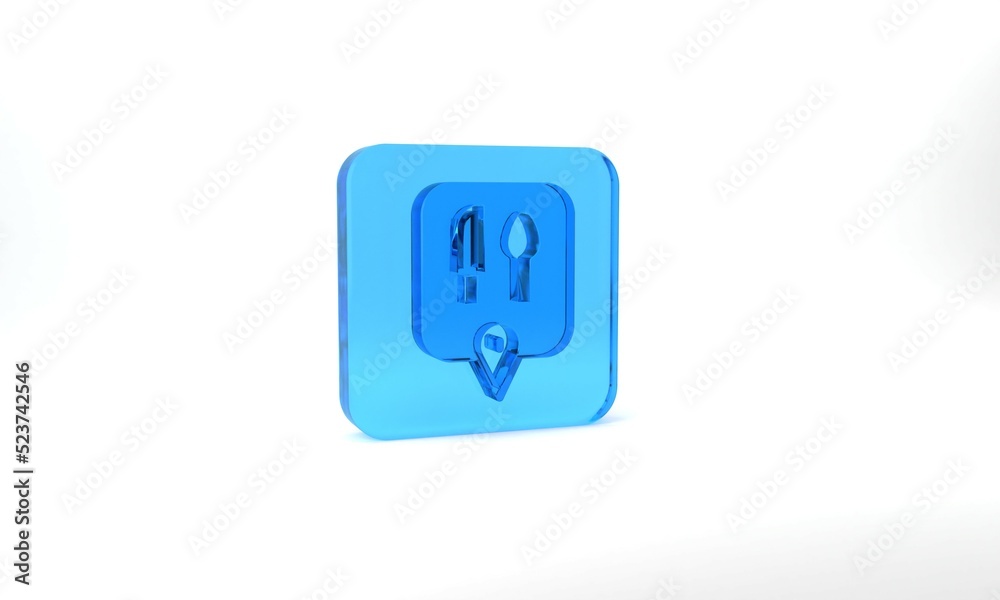Blue Cafe and restaurant location icon isolated on grey background. Knife and spoon eatery sign inside pinpoint. Glass square button. 3d illustration 3D render. Blue Cafe and restaurant location icon isolated on grey background. Knife and spoon eatery sign inside pinpoint. Glass square button. 3d illustration 3D render.