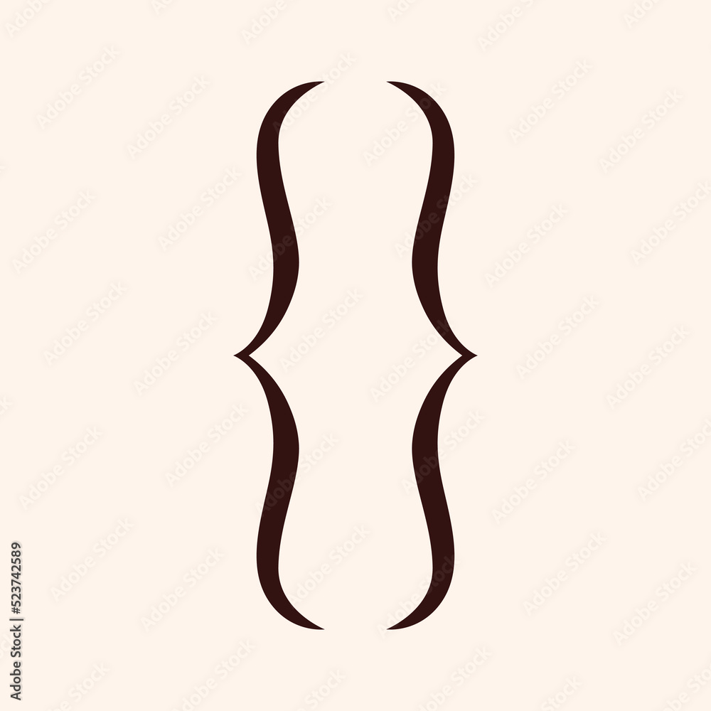 Curly braces pair. Double brackets punctuation mark. Maths symbol for quote text, mathematics. Typography swirly twirly opening and closing frames. Isolated vector illustration