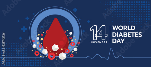 world diabetes day - drop blood are sugar and hematopoietic around in ring blue circle with line heart wave on dark blue background vector design