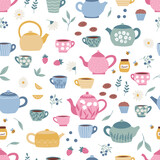 Seamless pattern with tea pots, cups, mugs, honey, strawberry, cookies on white background. Abstract hand drawn dishes. Tea party. Flat design. Vector illustration.