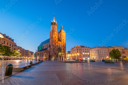 Market square and St. Mary's Church in Cracow, Lesser Poland Voivodeship, Poland