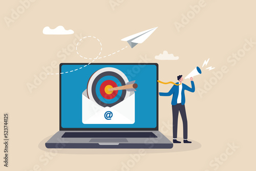 Email marketing, subscribe newsletter or sending online promotion to drive customer to website, communication and advertise concept, businessman with megaphone and targeting email on computer laptop.