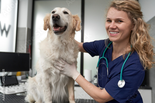 Portrait of female doctor with dog at vet's office