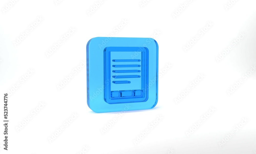 Blue E-Book reader icon isolated on grey background. Glass square button. 3d illustration 3D render Blue E-Book reader icon isolated on grey background. Glass square button. 3d illustration 3D render