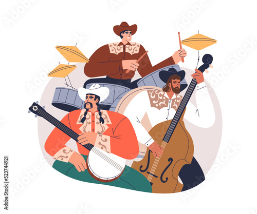 Folk Latin music band playing instruments. Musicians trio performing on bango, contrabass, drums. Men group in cowboy hats, instrumentalists. Flat vector illustration isolated on white background