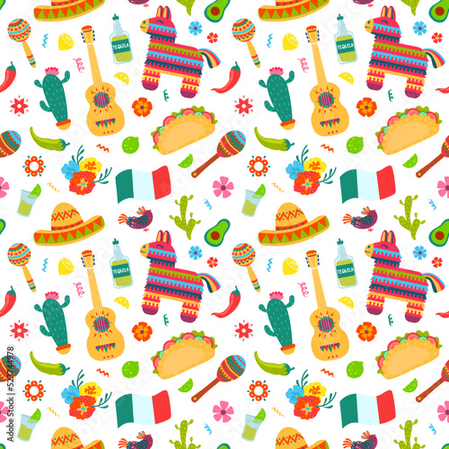 Mexican elements seamless pattern. Sombrero, guitar and cactus, tequila and chili traditional american culture symbols vector texture. Holiday celebration with traditional Mexican symbols