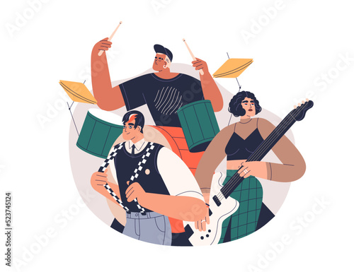 Music band group with young modern musicians performing punk rock. Men and woman characters stars trio playing drum, guitar instruments. Flat vector illustration isolated on white background