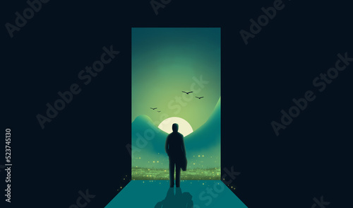 Businessman standing looking out of the door with a beautiful view. The concept of getting out of the comfort zone. Digital art style. illustration painting