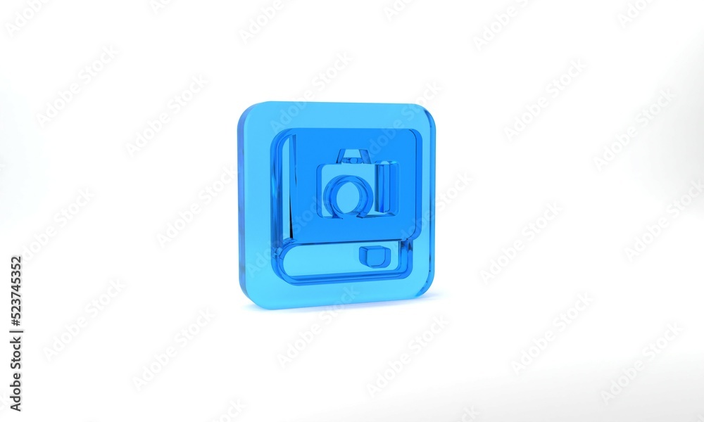 Blue Photo album gallery icon isolated on grey background. Glass square button. 3d illustration 3D render Blue Photo album gallery icon isolated on grey background. Glass square button. 3d illustration 3D render
