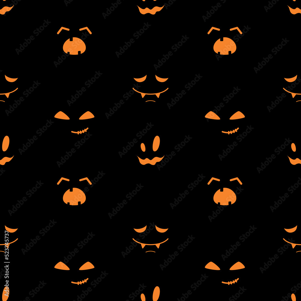 Seamless pattern with smiling faces of ghosts or Halloween pumpkins on a black background. Vector illustration
