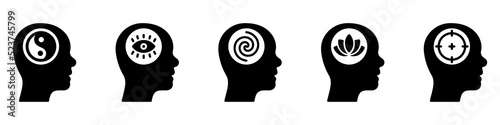 Brain Balance Harmony in Head Silhouette Icon. Illuminati Eye, Target, Lotus Khamsa, Yin Yang Pictogram. Peace in Human Head Concept Black Icon. Isolated Vector Illustration