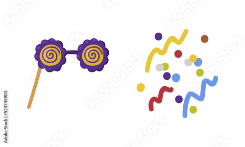 Carnival photo booth party objects set. Funny glasses, serpentine and confetti cartoon vector illustration