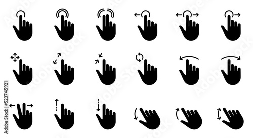 Hand Finger Touch  Swipe and Drag Silhouette Icon Set. Pinch Screen  Rotate Up Down on Screen Icon. Gesture Slide Left and Right Black Pictogram. Isolated Vector Illustration