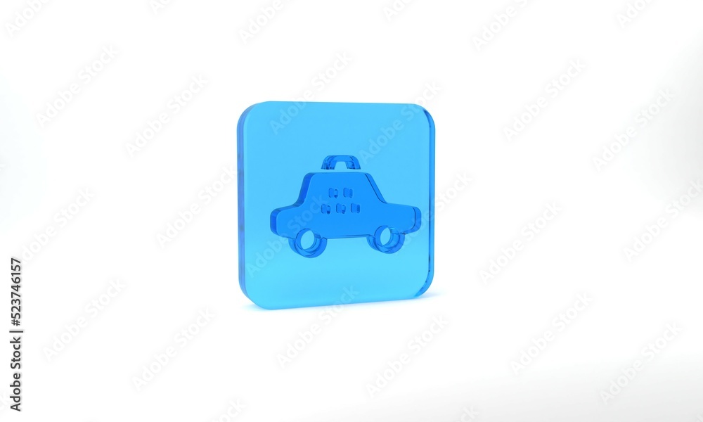 Blue Taxi car icon isolated on grey background. Glass square button. 3d illustration 3D render Blue Taxi car icon isolated on grey background. Glass square button. 3d illustration 3D render