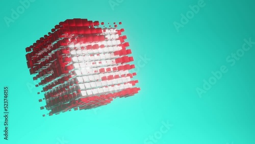 abstract random movement of metallic geometry Cube in red and silver color isolated on blue background. Metal cube pattern 3D rendering for robot or CPU processing activity concept. 4k Seamless loop