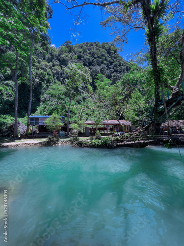 Beautiful Blue Lagoon waters in Vang Vieng Laos. Surrounded by beautiful mountains and trees © Elias Bitar