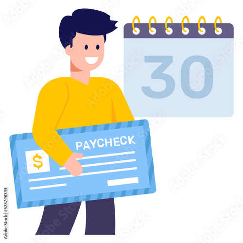 Man holding paycheck, flat illustration 
