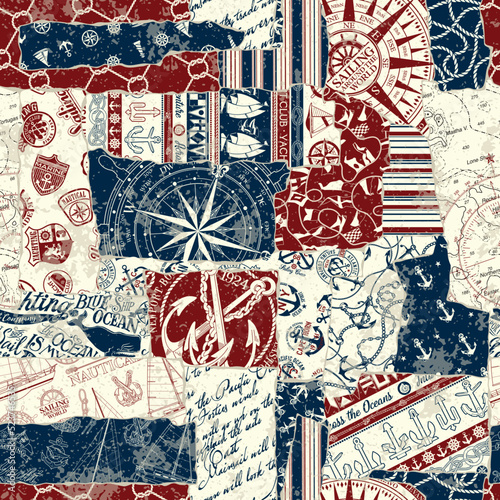 Nautical marine sailing elements patchwork vintage vector seamless pattern