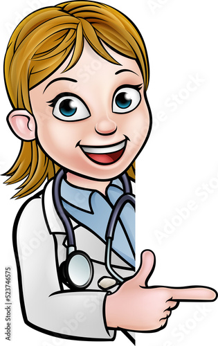 A cartoon doctor wearing la...