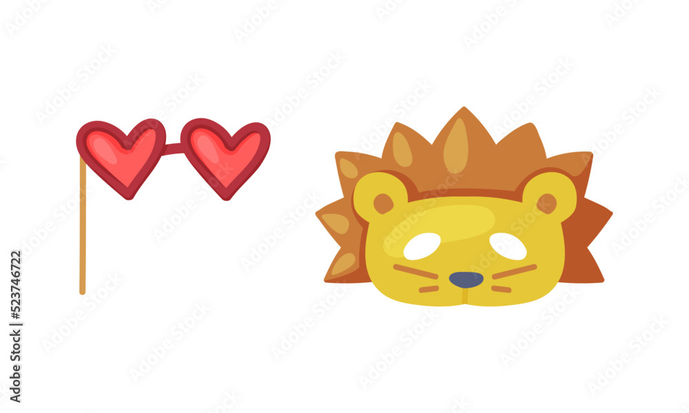 Fototapeta premium Heart shaped glasses on stick and lion mask. Carnival party objects set cartoon vector illustration i