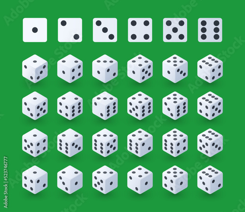 Game dice. Cartoon white playing cubes turn different faces, black dots on white planes, casino and gambling graphic asset of rolling dice. Vector isolated set. Random numbers for entertainment