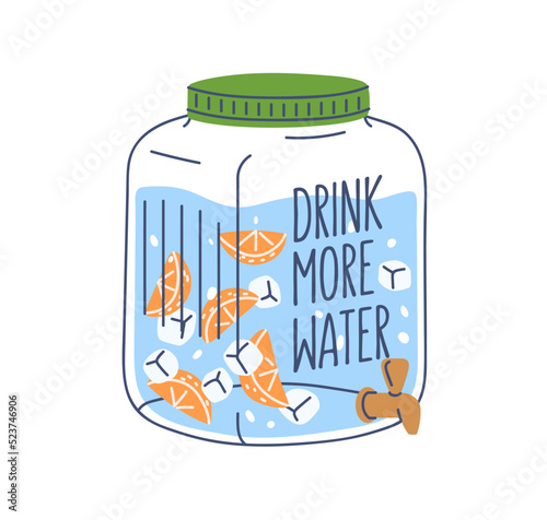 Fruit water lemonade in glass jar with tap. Cold summer refreshment drink in dispenser. Aqua beverage with oranges and ice cubes. Lineart flat graphic vector illustration isolated on white background