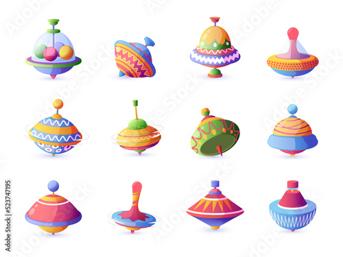 Whirling top. Cartoon colorful humming top plastic toy for children, spinning peg-top with motion balance. Vector isolated set. Bright moving plaything for education. Leisure activity for kids